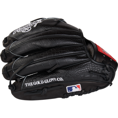 The Rawlings Pro Preferred 11.75" Jacob Degrom GM Baseball Glove (RPROSJD48) features a black, textured design, white The Gold Glove Co. script, and an MLB logo patch on the wrist, ideal for pitchers and shown against a plain backdrop.