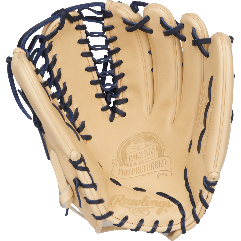 The Rawlings Pro Preferred 12.75" Mike Trout GM Baseball Glove (PROSMT27C) is a tan outfield glove with dark blue laces, Trap-Eze web, and Rawlings branding inside the palm.