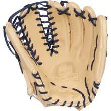 The Rawlings Pro Preferred 12.75" Mike Trout GM Baseball Glove (PROSMT27C) is a tan outfield glove with dark blue laces, Trap-Eze web, and Rawlings branding inside the palm.