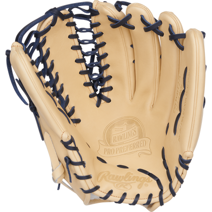 The Rawlings Pro Preferred 12.75" Mike Trout GM Baseball Glove (PROSMT27C) is a tan outfield glove with dark blue laces, Trap-Eze web, and Rawlings branding inside the palm.