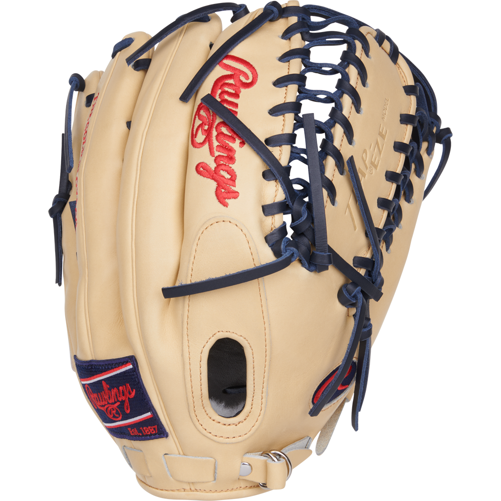 A tan Rawlings Pro Preferred 12.75" Mike Trout GM Baseball Glove (PROSMT27C) with a Trap-Eze web, dark blue laces, and red Rawlings branding is shown against a plain white background.