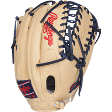 A tan Rawlings Pro Preferred 12.75" Mike Trout GM Baseball Glove (PROSMT27C) with a Trap-Eze web, dark blue laces, and red Rawlings branding is shown against a plain white background.