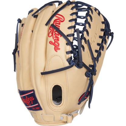 A tan Rawlings Pro Preferred 12.75" Mike Trout GM Baseball Glove (PROSMT27C) with a Trap-Eze web, dark blue laces, and red Rawlings branding is shown against a plain white background.