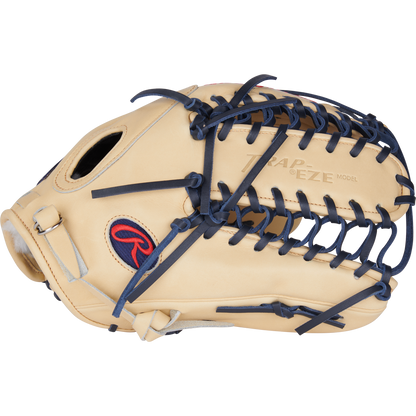 The Rawlings Pro Preferred 12.75" Mike Trout GM Baseball Glove (PROSMT27C) is a tan outfield glove with dark blue laces, a large Trap-Eze web, and the Rawlings logo embroidered in red and blue on the side.