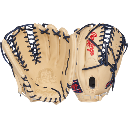 Two tan Rawlings Pro Preferred 12.75" Mike Trout GM gloves are shown: one displays the palm with Trap-Eze web and branding, the other shows the back with red logo, adjustable strap, and classic outfield glove design.