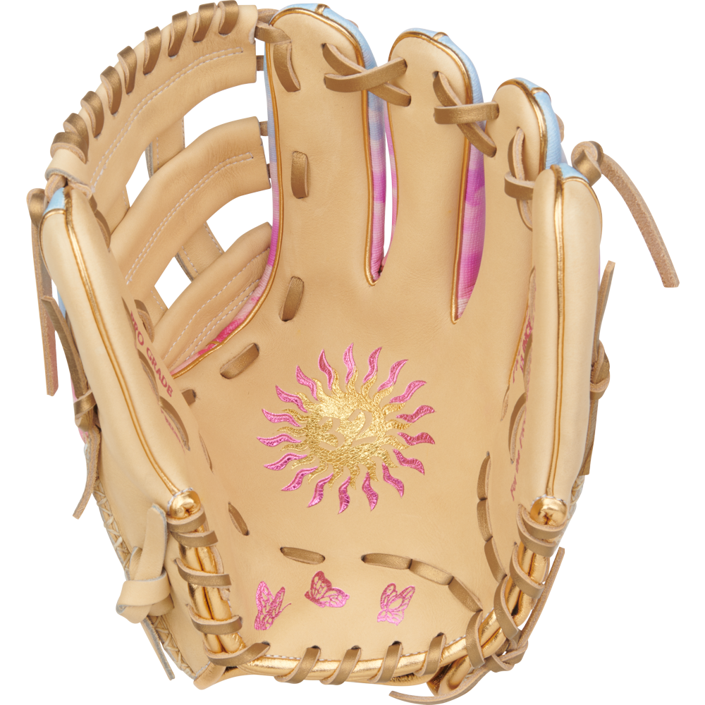 The Rawlings Heart of the Hide 12" Sierra Romero Game Model Fastpitch Glove (PROSR32C) features tan leather, gold and pink sun and butterfly palm designs, light brown laces, and pink inner accents—perfect for infielders.