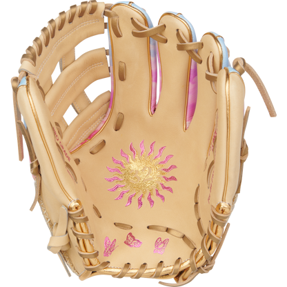 The Rawlings Heart of the Hide 12" Sierra Romero Game Model Fastpitch Glove (PROSR32C) features tan leather, gold and pink sun and butterfly palm designs, light brown laces, and pink inner accents—perfect for infielders.