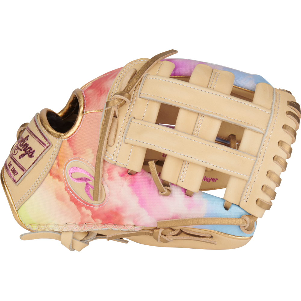 The Rawlings Heart of the Hide 12" Sierra Romero Game Model Fastpitch Glove (PROSR32C) features tan leather lacing and a vibrant pink, blue, and white cloud pattern on the outer surface.