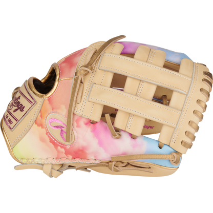 The Rawlings Heart of the Hide 12" Sierra Romero Game Model Fastpitch Glove (PROSR32C) features tan leather lacing and a vibrant pink, blue, and white cloud pattern on the outer surface.