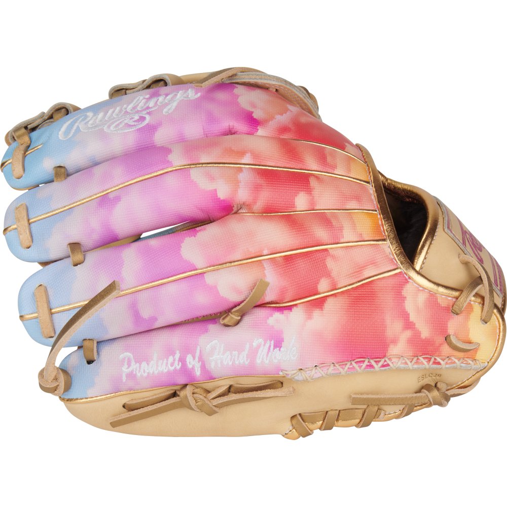 The Rawlings Heart of the Hide 12" Sierra Romero Game Model Fastpitch Glove (PROSR32C) features a unique pink and blue design, perfect for infield play.