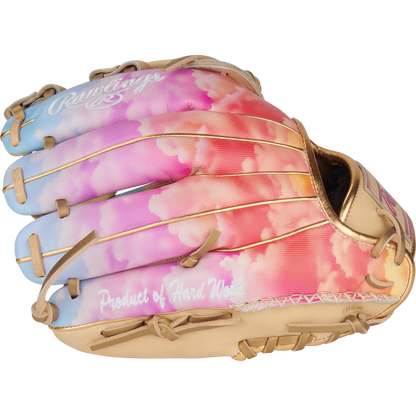 The Rawlings Heart of the Hide 12" Sierra Romero Game Model Fastpitch Glove (PROSR32C) features a unique pink and blue design, perfect for infield play.