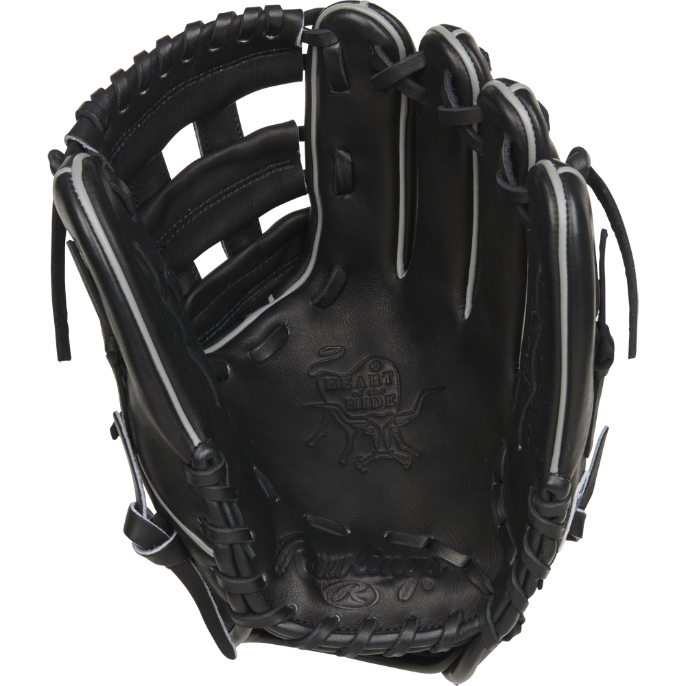 The Rawlings Heart of the Hide 11.75" Baseball Glove (RPROT205W-6B) is a black glove with visible stitching and laces, shown open with the palm forward. Embossed branding and details appear on the inside.