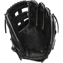 The Rawlings Heart of the Hide 11.75" Baseball Glove (RPROT205W-6B) is a black glove with visible stitching and laces, shown open with the palm forward. Embossed branding and details appear on the inside.