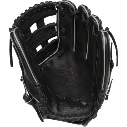 The Rawlings Heart of the Hide 11.75" Baseball Glove (RPROT205W-6B) is a black glove with visible stitching and laces, shown open with the palm forward. Embossed branding and details appear on the inside.