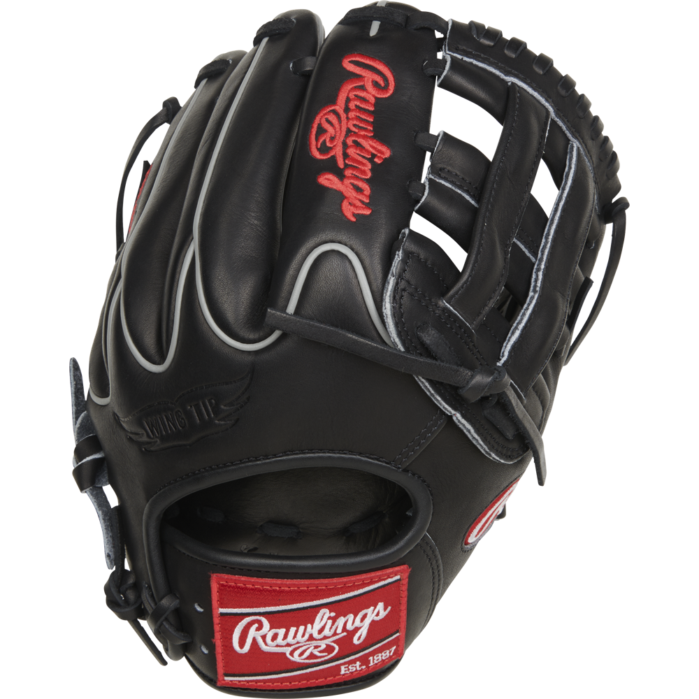 The Rawlings Heart of the Hide 11.75" Baseball Glove (RPROT205W-6B) features black leather, white stitching, red logos, an open web design, and leather laces—making it a versatile glove for utility players.