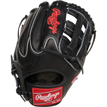The Rawlings Heart of the Hide 11.75" Baseball Glove (RPROT205W-6B) features black leather, white stitching, red logos, an open web design, and leather laces—making it a versatile glove for utility players.