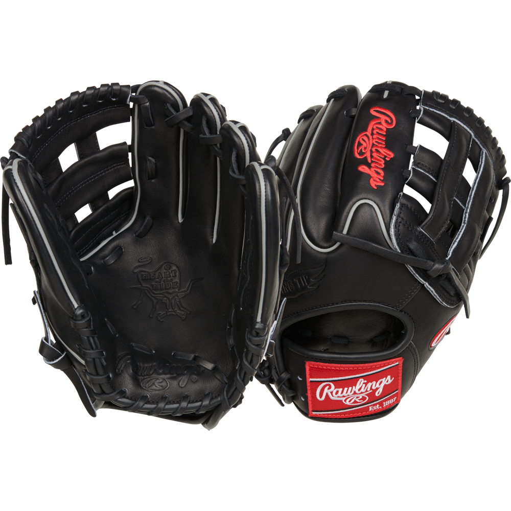 The Rawlings Heart of the Hide 11.75" Baseball Glove (RPROT205W-6B) is shown front and back in black with red and white embroidered logos, offering premium quality for serious players.