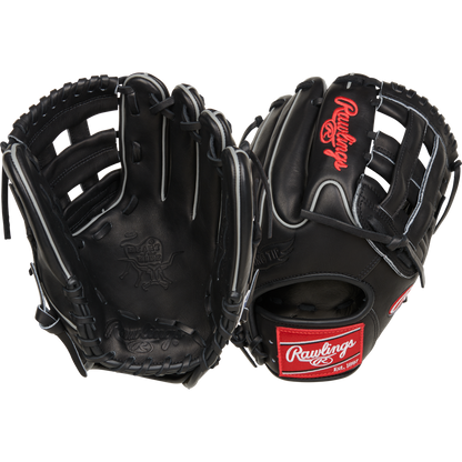 The Rawlings Heart of the Hide 11.75" Baseball Glove (RPROT205W-6B) is shown front and back in black with red and white embroidered logos, offering premium quality for serious players.