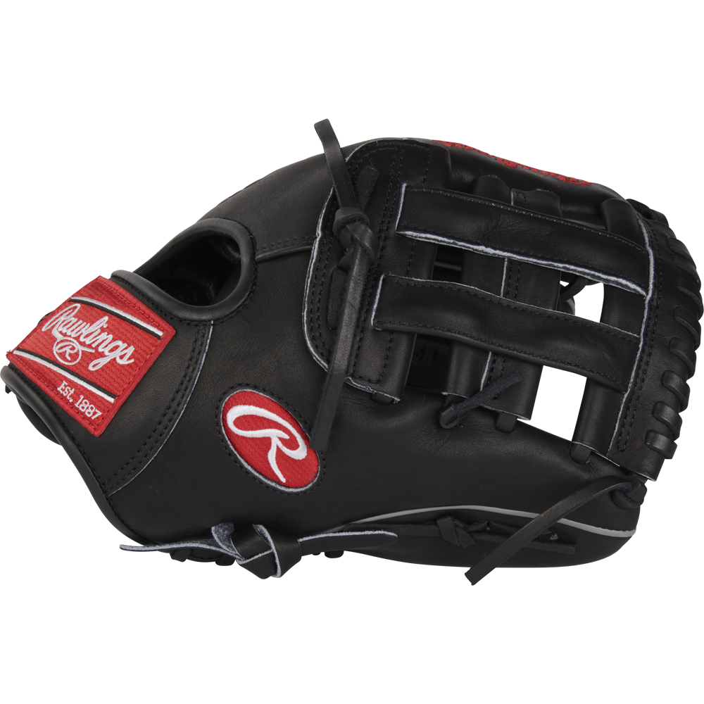 The Rawlings Heart of the Hide 11.75" Baseball Glove (RPROT205W-6B) features black leather, red and white logo patches, and lacing. Shown from the side with fingers right, this glove offers a versatile fit and classic style.