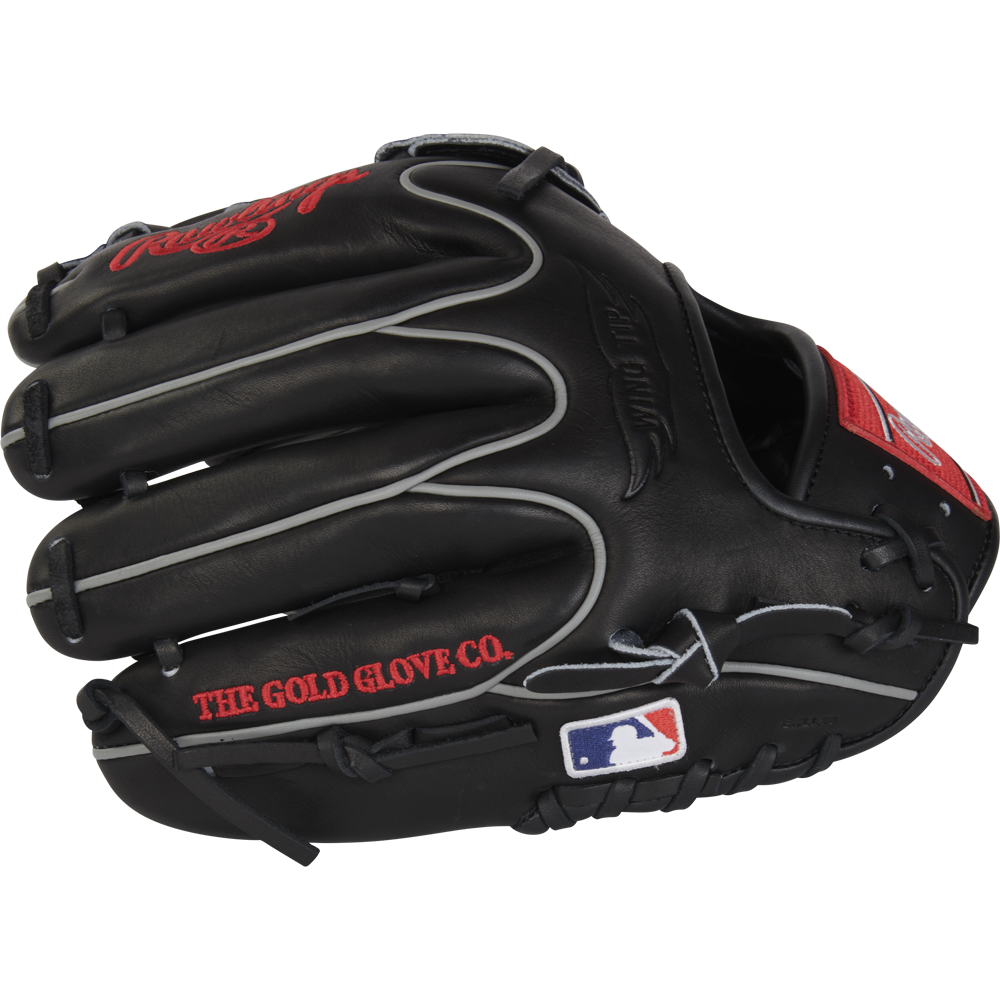 The Rawlings Heart of the Hide 11.75" Baseball Glove (RPROT205W-6B) features black leather, gray laces, red "THE GOLD GLOVE CO." stitching, and an MLB logo patch on the wrist strap.
