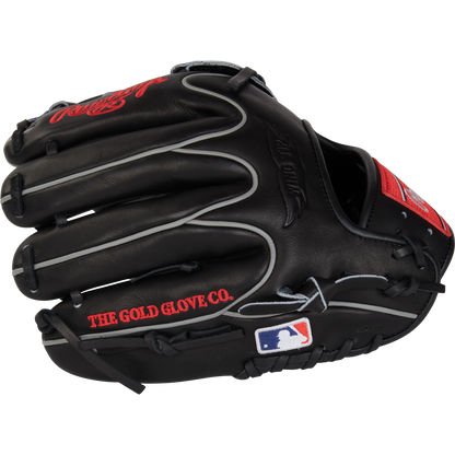 The Rawlings Heart of the Hide 11.75" Baseball Glove (RPROT205W-6B) features black leather, gray laces, red "THE GOLD GLOVE CO." stitching, and an MLB logo patch on the wrist strap.
