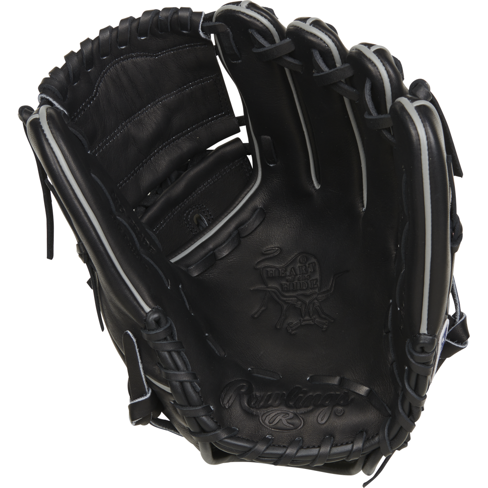 The Rawlings Heart of the Hide 12" Baseball Glove (RPROT206-9B) in black features white stitching and laces, with the Heart of the Hide logo embossed on the palm. Shown open from the palm side, it's ideal for infield pitchers.
