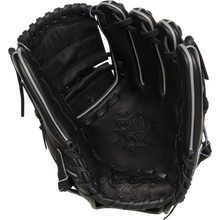 The Rawlings Heart of the Hide 12" Baseball Glove (RPROT206-9B) in black features white stitching and laces, with the Heart of the Hide logo embossed on the palm. Shown open from the palm side, it's ideal for infield pitchers.