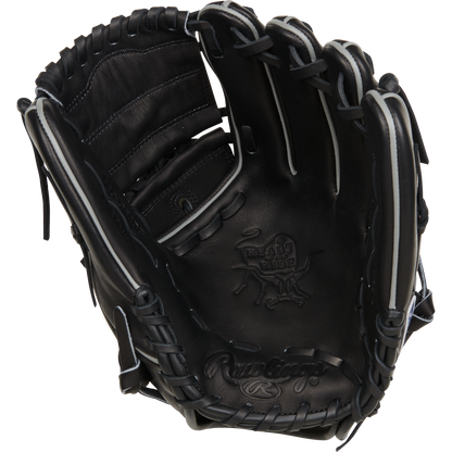 The Rawlings Heart of the Hide 12" Baseball Glove (RPROT206-9B) in black features white stitching and laces, with the Heart of the Hide logo embossed on the palm. Shown open from the palm side, it's ideal for infield pitchers.