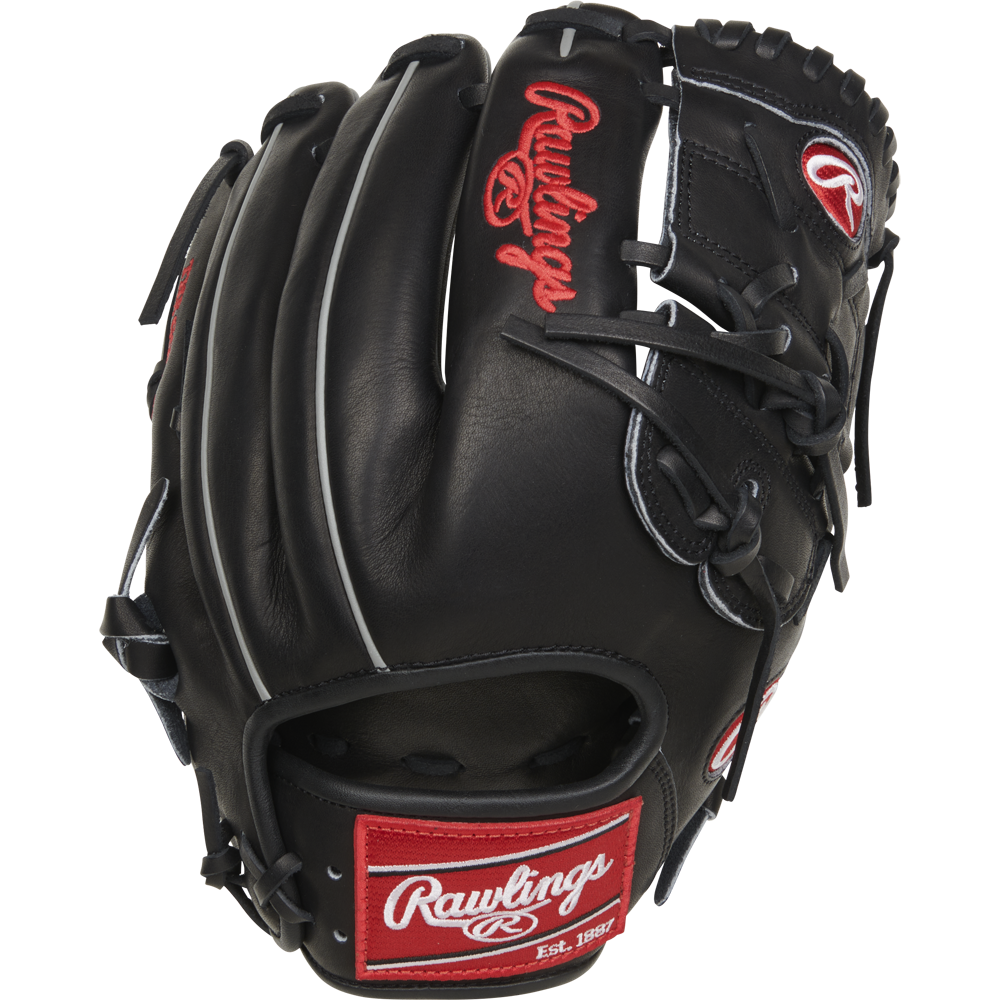 The Rawlings Heart of the Hide 12" Baseball Glove (RPROT206-9B) is black with red and white logos, contrasting stitching, laces, and a wrist patch labeled Rawlings Est. 1887.