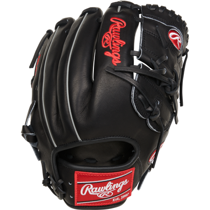 The Rawlings Heart of the Hide 12" Baseball Glove (RPROT206-9B) is black with red and white logos, contrasting stitching, laces, and a wrist patch labeled Rawlings Est. 1887.