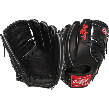 The Rawlings Heart of the Hide 12" Baseball Glove (RPROT206-9B) is a black infielder’s glove featuring the iconic red Rawlings logo—ideal for pitchers.