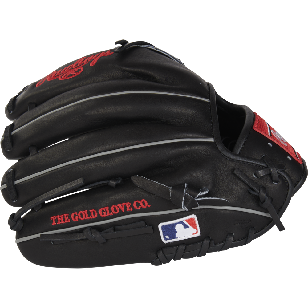 The Rawlings Heart of the Hide 12" Baseball Glove (RPROT206-9B) is a black glove with red and white accents, "THE GOLD GLOVE CO." script, an MLB logo, visible stitching, and branding—ideal as an infield pitcher's glove.