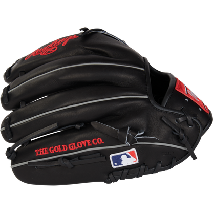 The Rawlings Heart of the Hide 12" Baseball Glove (RPROT206-9B) is a black glove with red and white accents, "THE GOLD GLOVE CO." script, an MLB logo, visible stitching, and branding—ideal as an infield pitcher's glove.