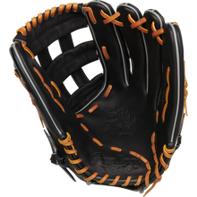 The Rawlings Heart of the Hide 12.75" Baseball Glove (RPROT3029C-6B) features black leather with orange laces and embossed logos on the palm and fingers, shown open to reveal its interior.