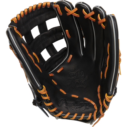 The Rawlings Heart of the Hide 12.75" Baseball Glove (RPROT3029C-6B) features black leather with orange laces and embossed logos on the palm and fingers, shown open to reveal its interior.