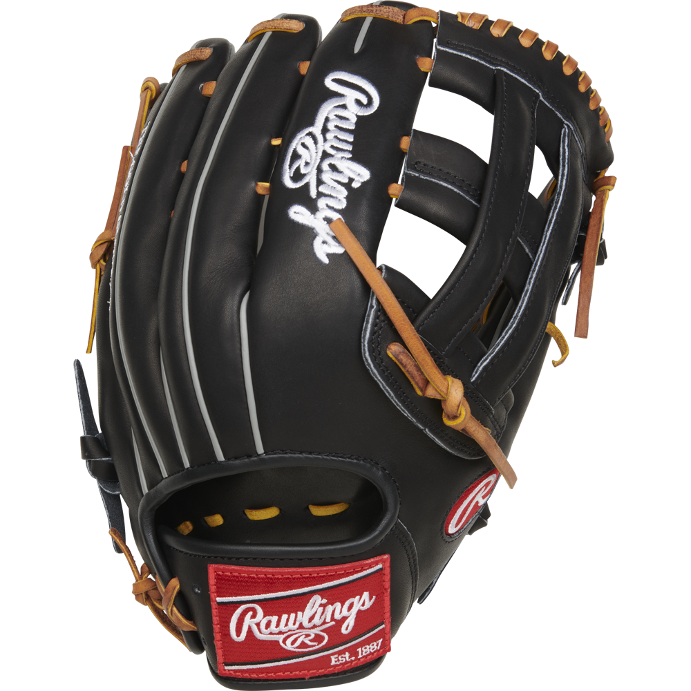 A new Rawlings Heart of the Hide 12.75" Baseball Glove (RPROT3029C-6B) features a black design with brown laces, white stitching, and a red Rawlings logo near the wrist, shown against a plain white background.