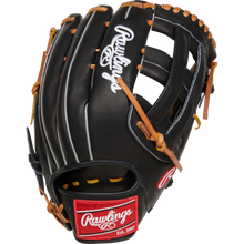A new Rawlings Heart of the Hide 12.75" Baseball Glove (RPROT3029C-6B) features a black design with brown laces, white stitching, and a red Rawlings logo near the wrist, shown against a plain white background.