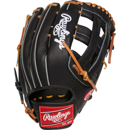 A new Rawlings Heart of the Hide 12.75" Baseball Glove (RPROT3029C-6B) features a black design with brown laces, white stitching, and a red Rawlings logo near the wrist, shown against a plain white background.