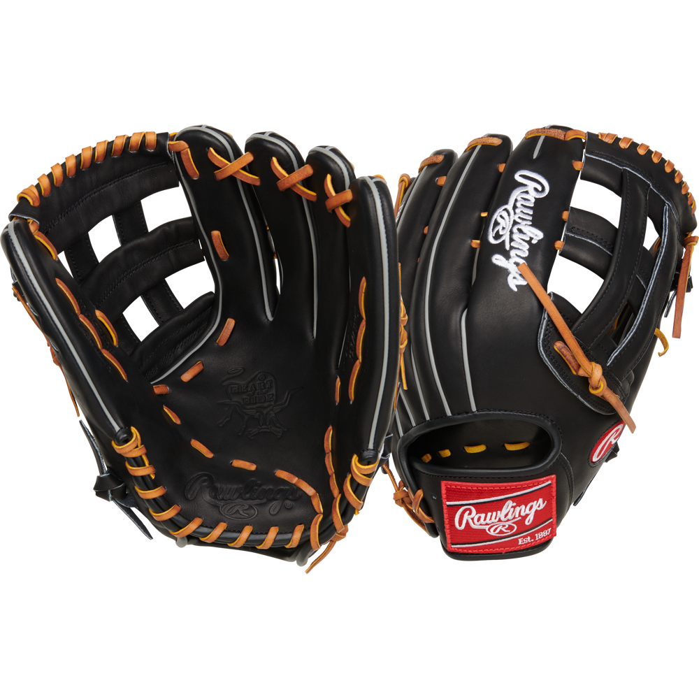 The Rawlings Heart of the Hide 12.75" Baseball Glove (RPROT3029C-6B) features a black design with tan laces, an open display of the inside and back, and showcases the iconic Rawlings logo plus a red label on the wrist strap.