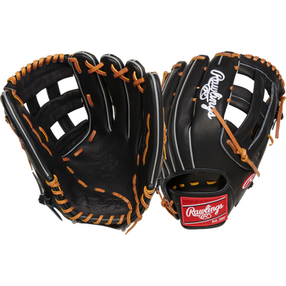 The Rawlings Heart of the Hide 12.75" Baseball Glove (RPROT3029C-6B) features a black design with tan laces, an open display of the inside and back, and showcases the iconic Rawlings logo plus a red label on the wrist strap.