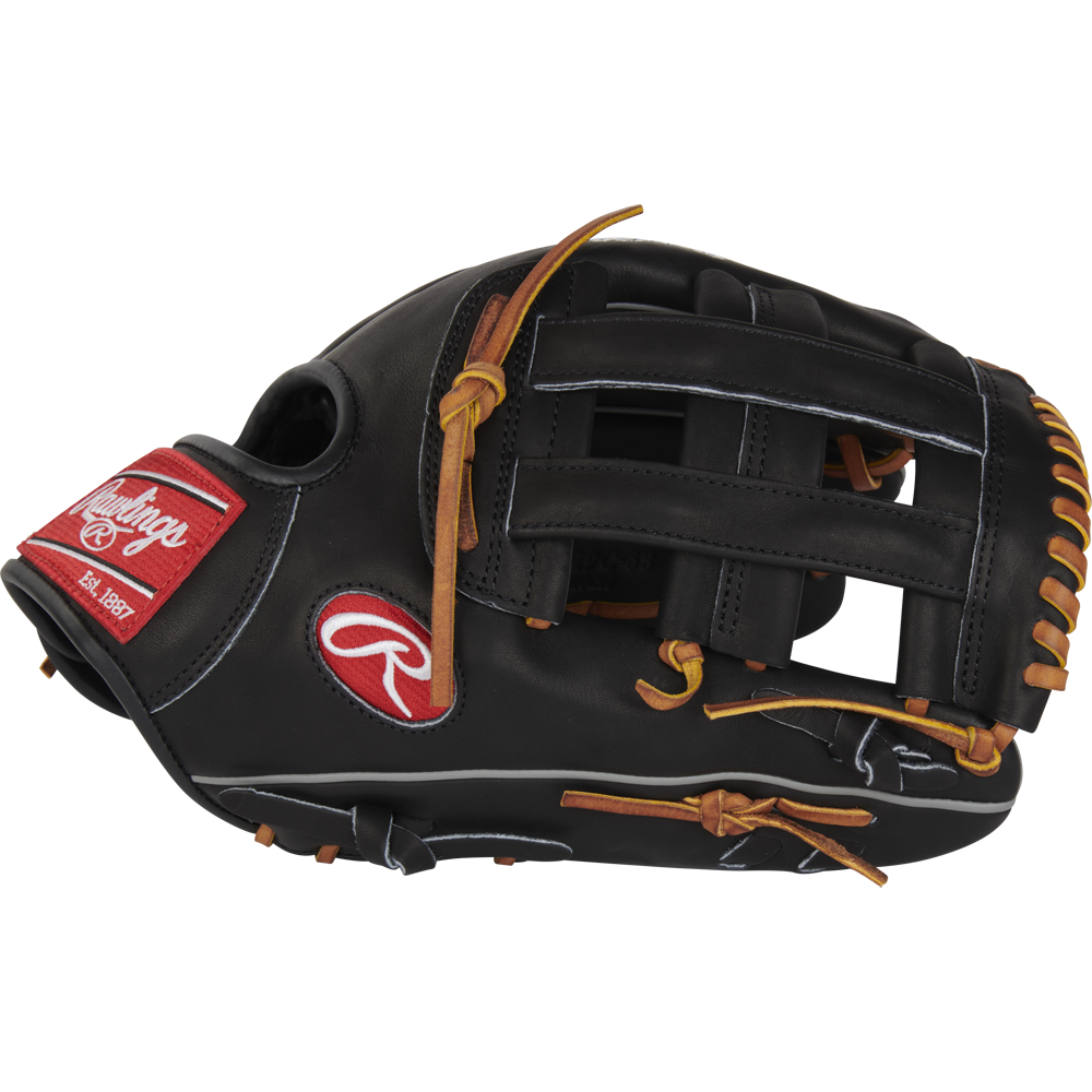 The Rawlings Heart of the Hide 12.75" Baseball Glove (RPROT3029C-6B) is a black outfield glove featuring a bold red logo.