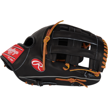 The Rawlings Heart of the Hide 12.75" Baseball Glove (RPROT3029C-6B) is a black outfield glove featuring a bold red logo.