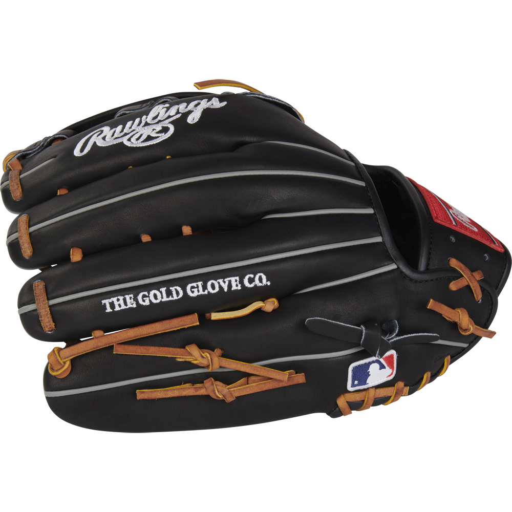 The Rawlings Heart of the Hide 12.75" Baseball Glove (RPROT3029C-6B) is black with brown laces, white stitching, and "THE GOLD GLOVE CO." text. It features the Rawlings logo on the wrist and an MLB logo near the thumb.