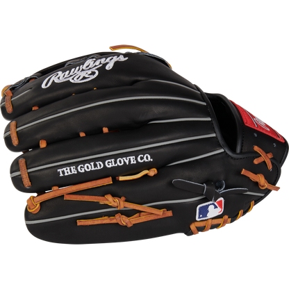 The Rawlings Heart of the Hide 12.75" Baseball Glove (RPROT3029C-6B) is black with brown laces, white stitching, and "THE GOLD GLOVE CO." text. It features the Rawlings logo on the wrist and an MLB logo near the thumb.
