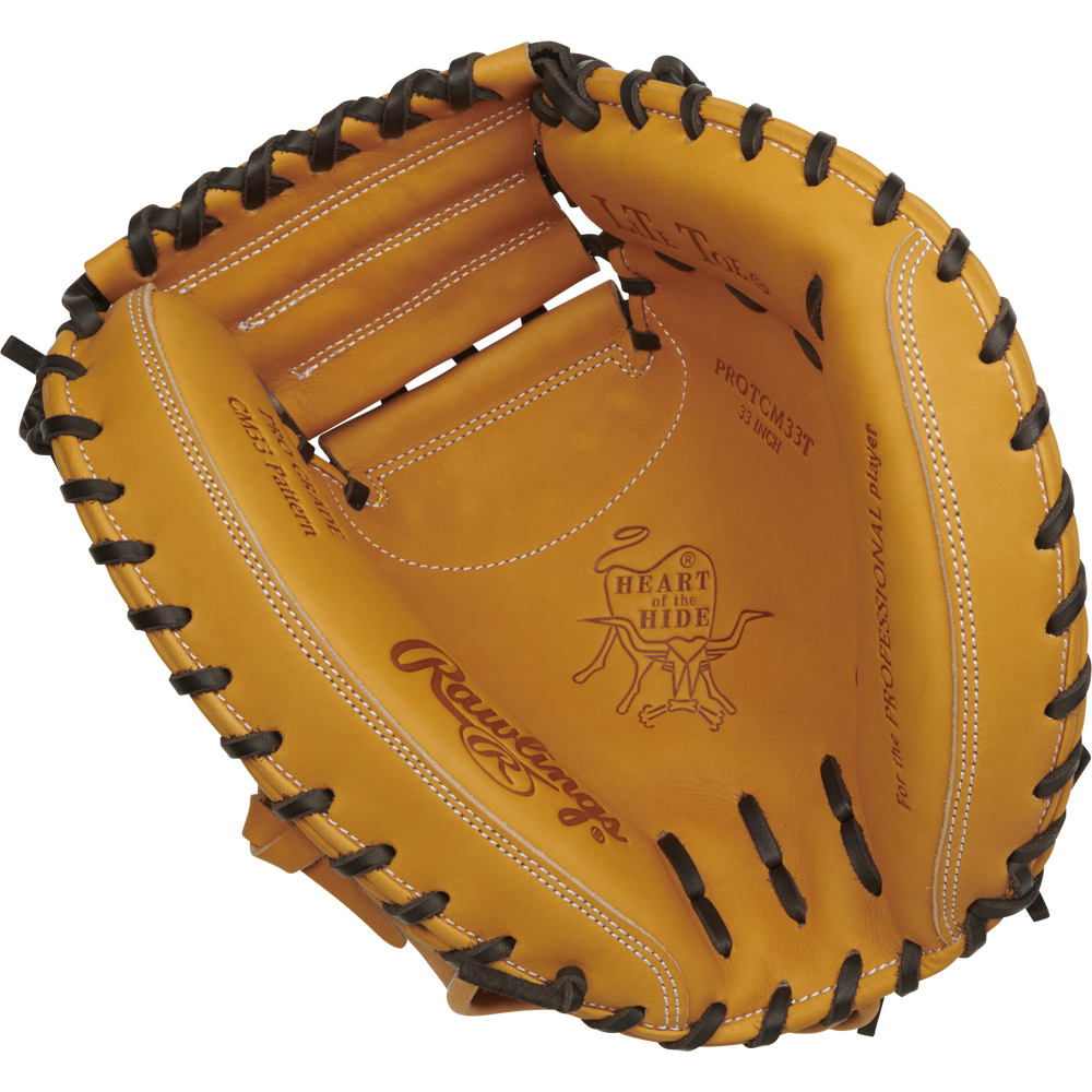 The Rawlings Heart of the Hide 33" Baseball Catcher's Mitt (RPROTCM33T) features tan leather, black lacing, and visible stitching on the palm and fingers.