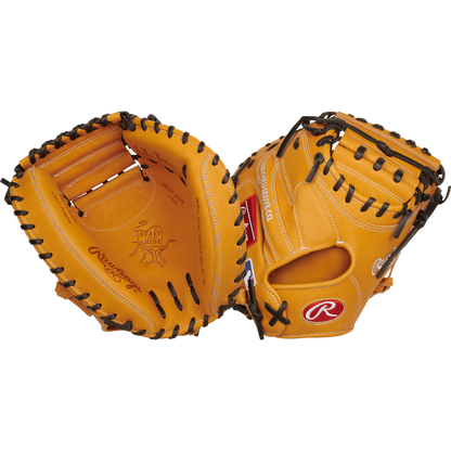 The Rawlings Heart of the Hide 33" Catcher's Mitt (RPROTCM33T) is shown open and closed, featuring tan leather, black lacing, white stitching, and a red Rawlings logo patch.