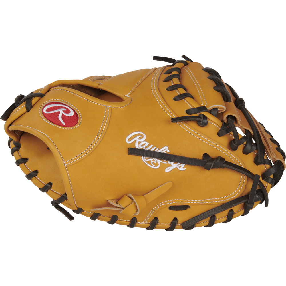 A tan Rawlings Heart of the Hide 33" catcher's mitt (RPROTCM33T) features black laces and white/red embroidered logos.