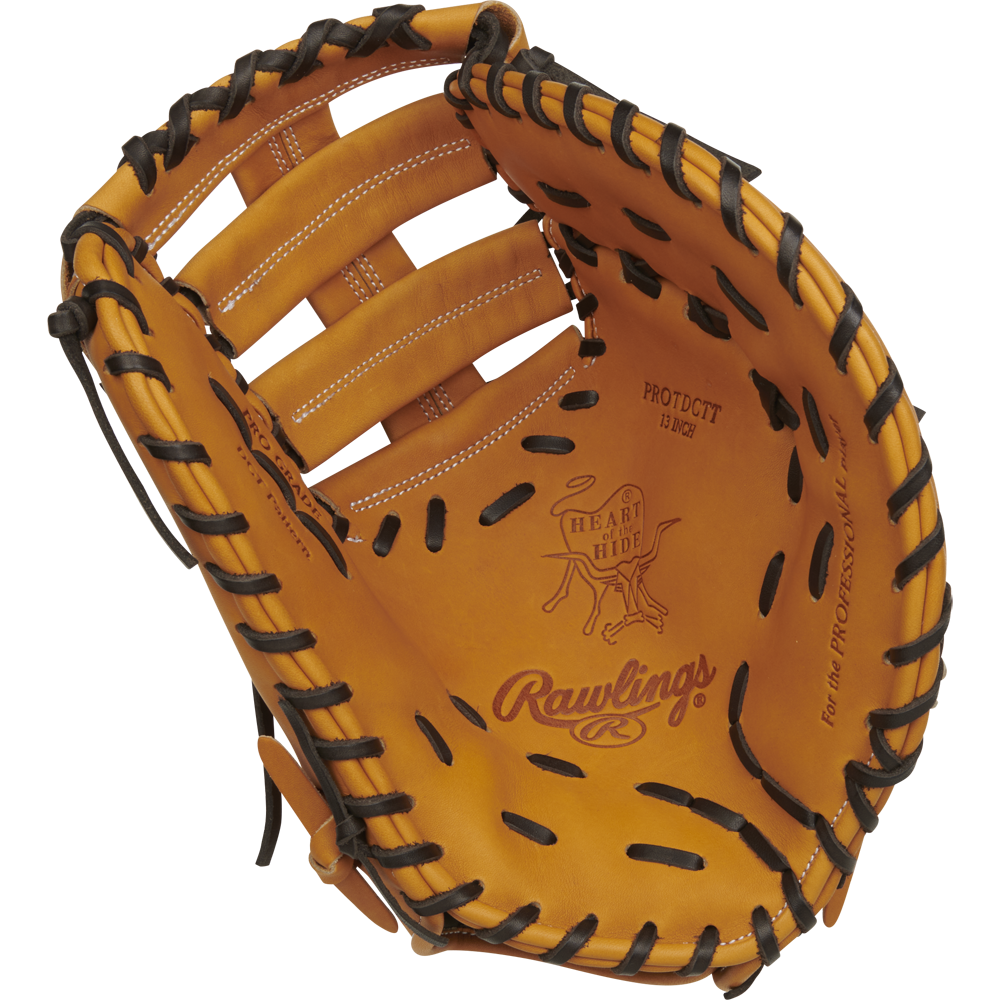 The Rawlings Heart of the Hide 13" First Base Mitt (RPROTDCTT) features tan premium leather, black lacing, bold Rawlings branding, a deep pocket, and fine stitching for top performance.
