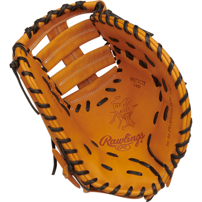 The Rawlings Heart of the Hide 13" First Base Mitt (RPROTDCTT) features tan premium leather, black lacing, bold Rawlings branding, a deep pocket, and fine stitching for top performance.