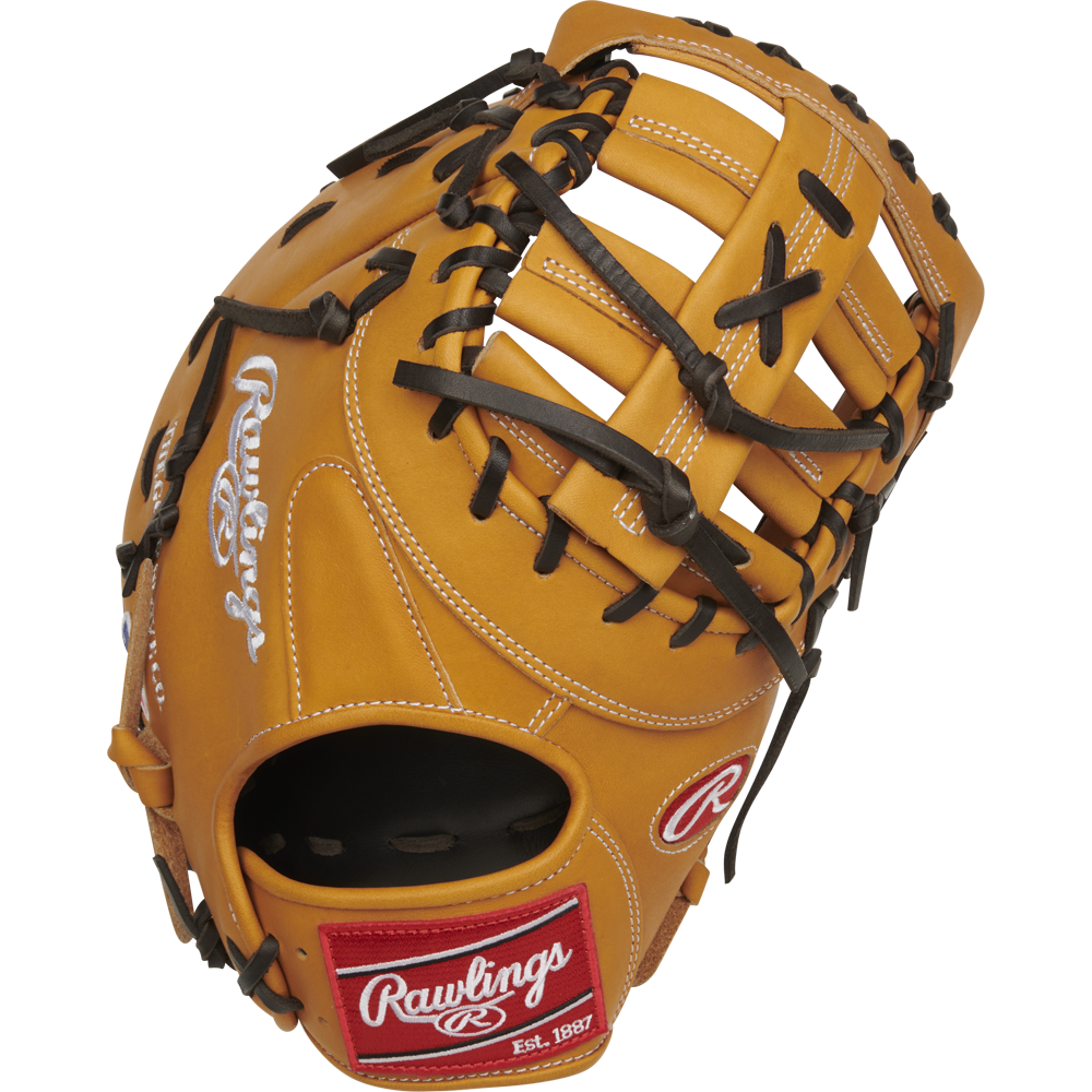 The Rawlings Heart of the Hide 13" First Base Mitt (RPROTDCTT) is tan with black laces, white stitching, and features the iconic red and white Rawlings logo patch on the wrist strap.